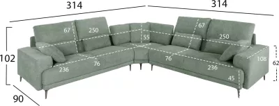 Kënd divani SYMMET FH3269.06, pëlhurë mente, këmbë antracit me shkëlqim, 314x236x90-102H cm
