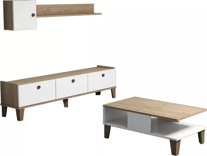 Set mobiljesh për dhomë dite, ngjyrë lis dhe e bardhë, Sumer 1, Hanah Home