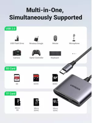 Lexues kartelash USB-C UGREEN 80798 3-në-1 SD/microSD + USB-A, 5Gbps, gri