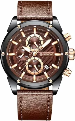 Orë dore Giewont GW8810-A3 Chronograph kuarc qelq safiri 45 mm rrip lëkure, kafe/zezë
