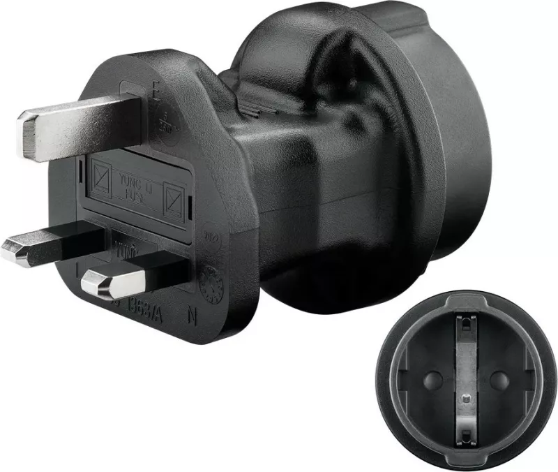 Adapter prizash UNOLD Goobay, Type F në Type G (UK), 250V, 5A, i zi