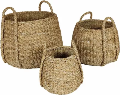 Set 3 shporta me dorezë ALMAR, 45x45x30cm, kashtë deti, natyrale