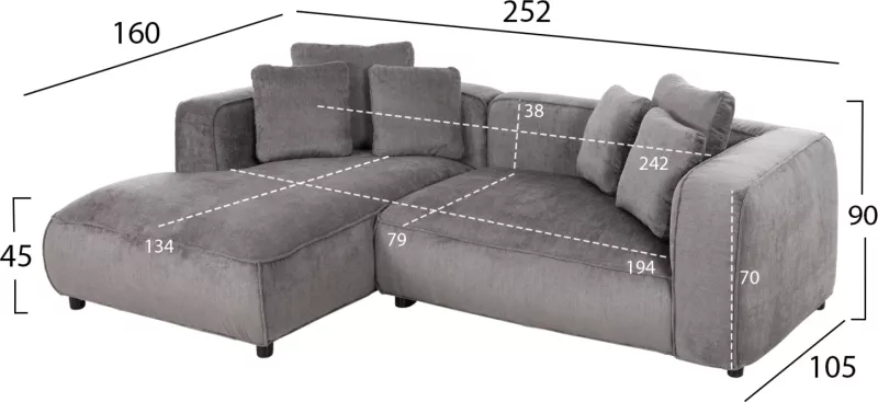 Divan qoshe i majtë, 3-vendësh, GRACE, FH3280.03L, ngjyrë gri, 252x105-160x70-90H cm
