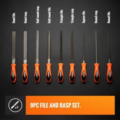 Set turpijash dhe raspash VONHAUS 3500076, 20 cm (8\"), çelik T12, me çantë kanavacë, set 9 copë, zi/portokalli