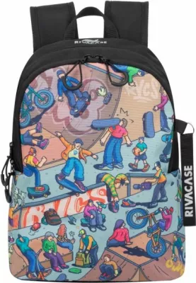 çantë shpine RIVACASE Skaters 5420, 12L, për laptop, material repelent uji, e zezë me print shumëngjyrësh
