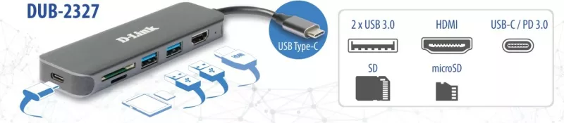USB-C Hub D-Link DUB-2327, 6-në-1, HDMI, SD/microSD, 60W, gri