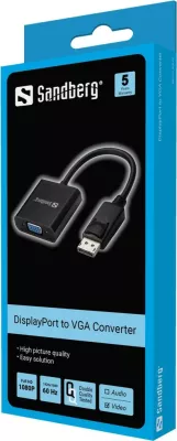 Adapter DisplayPort>VGA Sandberg, DisplayPort, VGA (D-Sub), 1920 x 1080 pixels, e zezë