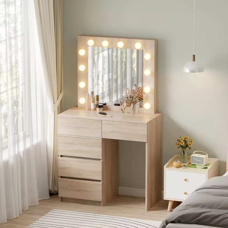 Tavolinë grimi me drita LED dhe sirtarë, BEYON FH2500.01, melaminë, ngjyrë sonama, 80x40x140H cm
