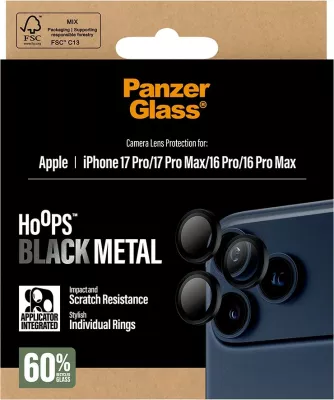 Mbështjellës kamerash PanzerGlass Hoops për iPhone 17 Pro/Pro Max/16 Pro/Pro Max, e zezë