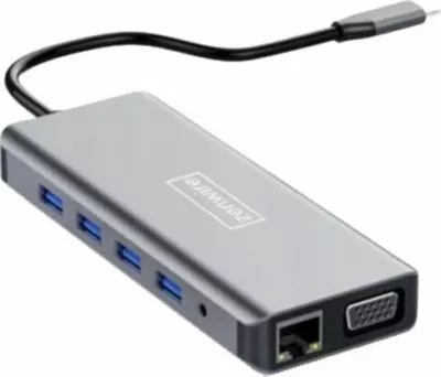 Hub USB-C Zenwire 12-në-1, 2x HDMI 4K, VGA, 4x USB 3.0, Gigabit Ethernet, SD/microSD, Power Delivery 87W, gri