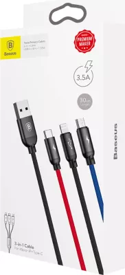Kabllo 3-në-1 Baseus Three Primary Colors CAMLT-BSY01, 0.3m, USB-A në micro USB/Lightning/USB-C, e zezë, e kuqe, e kaltër