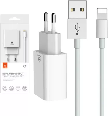 Karikues dyfishtë USB Mcdodo CH-6720 me kabllo Lightning 1m, i bardhë, set udhëtimi