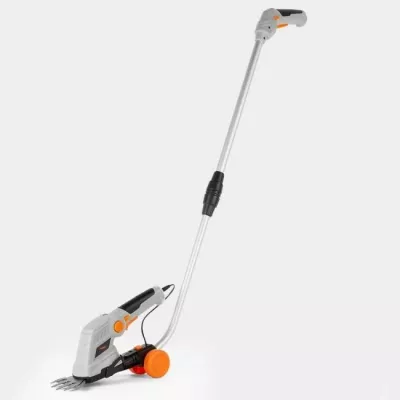 Gërshërë pa kabllo për gardh dhe bar VONHAUS 2500257 2-në-1, teh 170 mm + 90 mm, dorezë teleskopike 85–113 cm, gri/portokalli