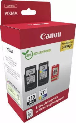 Set kartrixhe boje Canon PG-510/CL-511 Photo Value Pack, 1x Black + 1x Color, 50 fletë letër foto 10x15 cm, CMYK