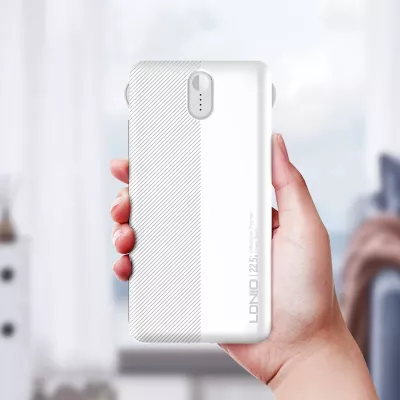 Power bank LDNIO PQ13 10000mAh 22.5W me kabllo të integruara USB-C + Lightning (1C1L) dhe 1x USB-A, e bardhë