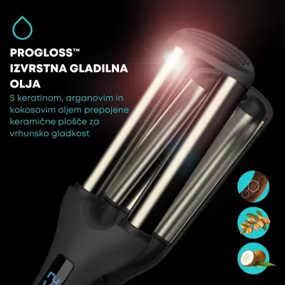 Hekur valëzues për flokë Revamp Progloss Wave Define WV-1750, triple 19 mm, 80–230°C, zi/argjendtë, me dorezë termike