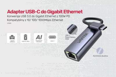 Adapter Unitek USB-C në RJ45 1Gbit LAN, PD 100W