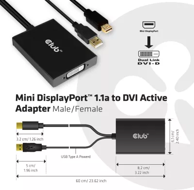 Adapter Mini DisplayPort në DVI-D Club3D, 0.6m, i zi