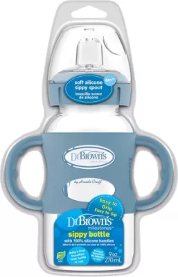 Shishe Dr. Brown’s Milestones, 270ml (9oz) – Grykë e Gjerë, Doreza Silikoni, 6m+, Blu