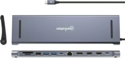 Docking station MANHATTAN 12-in-1, 4K, 1xHDMI, 2xDP, 3xUSB-A, gri