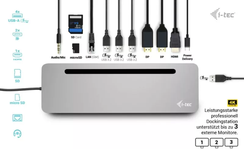 Docking station I-Tec USB-C Metal Ergonomic 3x 4K, 100W, argjendtë
