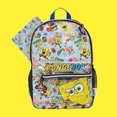 Çantë shpine Blue Sky SpongeBob Core, e madhe, najlon, xhep frontal PVC me zinxhir, xhepa anësorë rrjetë, shumëngjyrëshe