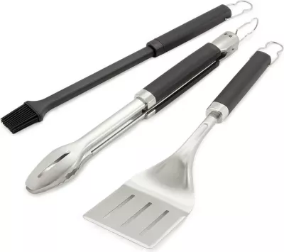 Set aksesorë BBQ Weber 6764, çelik inox, spatulë, pincë, pirun, e zezë