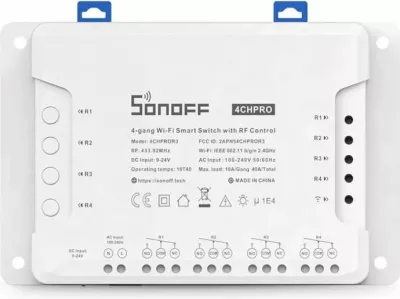 Switch smart Wi‑Fi SONOFF 4CHPROR3, 4-kanalësh, 100-240V, 3500W, RF 433MHz, i bardhë