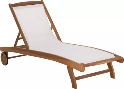 Shezlong me rrota LIORA FH6544, dru akacie, tekstilen ngjyrë ecru, 196x68.5x33.5 cm