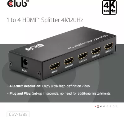 Splitter HDMI Club3D 1 në 4, 4K120Hz, i zi