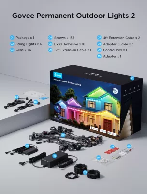 Drita LED të jashtme Govee Permanent Outdoor Lights 2 30 m RGBIC Wi‑Fi/Bluetooth IP67, shumëngjyrëshe