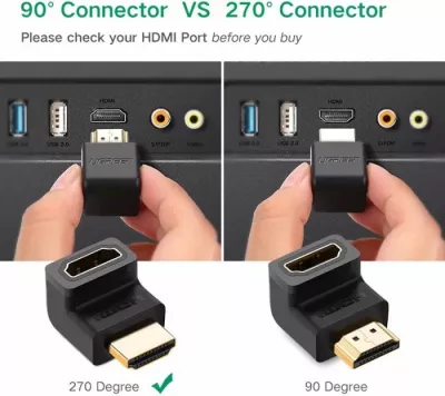Adapter HDMI UGREEN 20110 kënd i djathtë M në F 4K@60Hz i veshur me ar, i zi, polybag