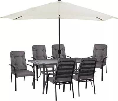 Set për darkë 8 pjesë, tavolinë, karrige me mbështetëse gri dhe ombrellë gri FH11477