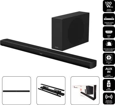 Soundbar Aiwa HE-1200SW 2.1 120 W RMS me subwoofer wireless, Bluetooth 5.3, HDMI ARC, e zezë