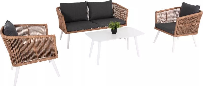 Set salloni jashtë 4 copë FREJA FH6057.01 alumin në të bardhë-PE rattan në bezhë-jastëk antracit