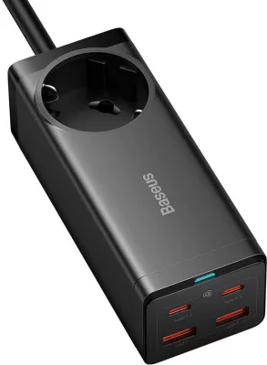 Kasë karikues Baseus GaN3 Pro, 100W, 2x USB-C + 2x USB, prizë AC, e zezë