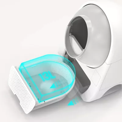 Kuti inteligjente vetëpastruese për rërë maceje Catlink Luxury Pro-X 57 L, 13 L depo mbetjesh, e bardhë, set me 3 qese + 2 filtra