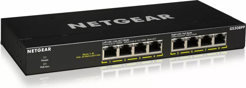 Switch NETGEAR GS308PP, Gigabit Ethernet, PoE, Montim në rack, Montim në mur