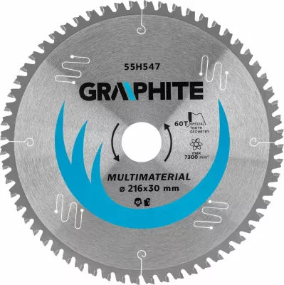 Disk sharrë rrethore Graphite 55H547, Ø216 x 30 mm, 60 dhëmbë, me vidia, multimaterial