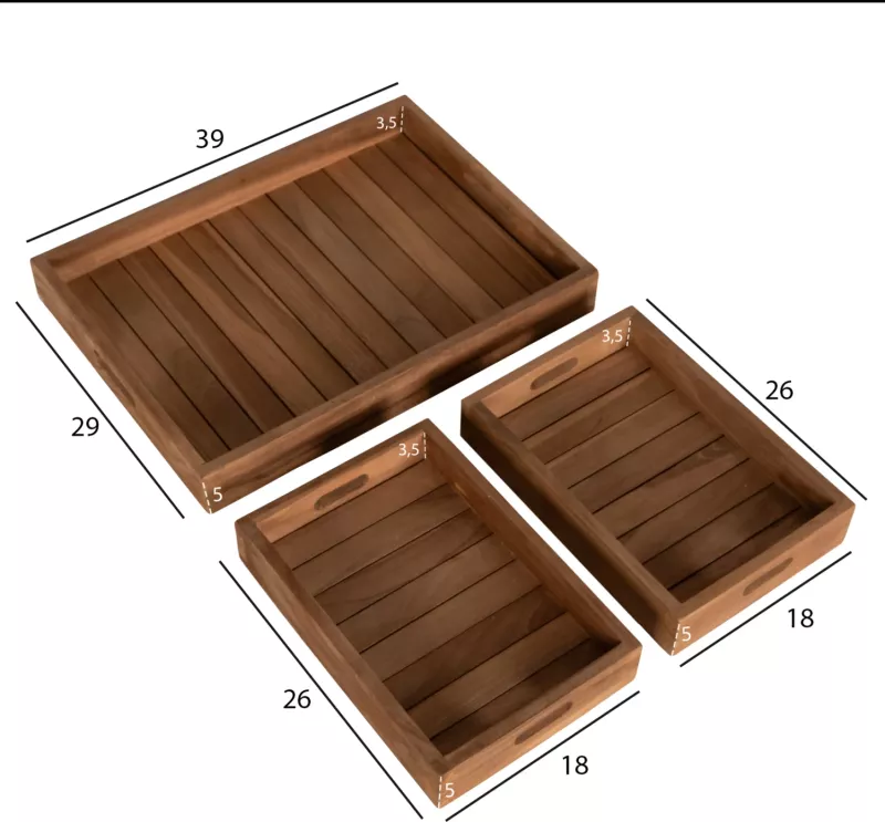 Set trey 3 pjesë, dru teak, ngjyrë natyrale, FH7894, 39x29x7 cm