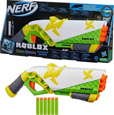 Blaster Nerf Roblox Ninja Legends Shadow Sensei, pompë, 6 shigjeta, set me 6 shigjeta shkumë, jeshile/bardhë