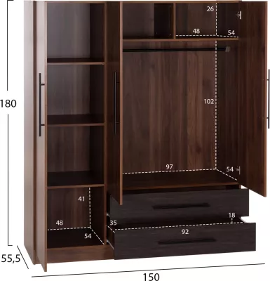 Dollap me 3 dyer, 2 sirtarë, ngjyrë arrë/wenge, CARYS FH746.11, 150x55.5x160cm