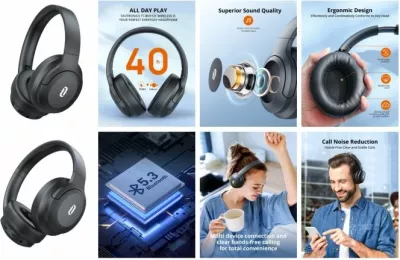Kufje Bluetooth TaoTronics TT-BH1121, driver 40 mm, Bluetooth 5.3, 20 orë bateri, palosshme, me lidhje 3.5 mm, të zeza