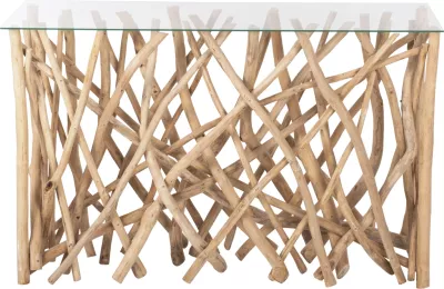 Konsolë në stil rustik, degë teak të ngurta, ngjyrë natyrale & xham, 120x35x75H cm, FH9373