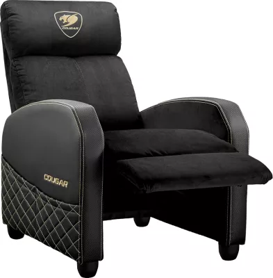 Sofa gaming COUGAR Ranger Elite Gold, kënd shpine 95-160°, kapacitet 135 kg, pëlhurë velvet, kornizë çeliku, zi/ari
