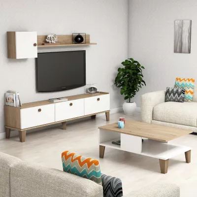 Set mobiljesh për dhomë dite, ngjyrë lis dhe e bardhë, Sumer 1, Hanah Home