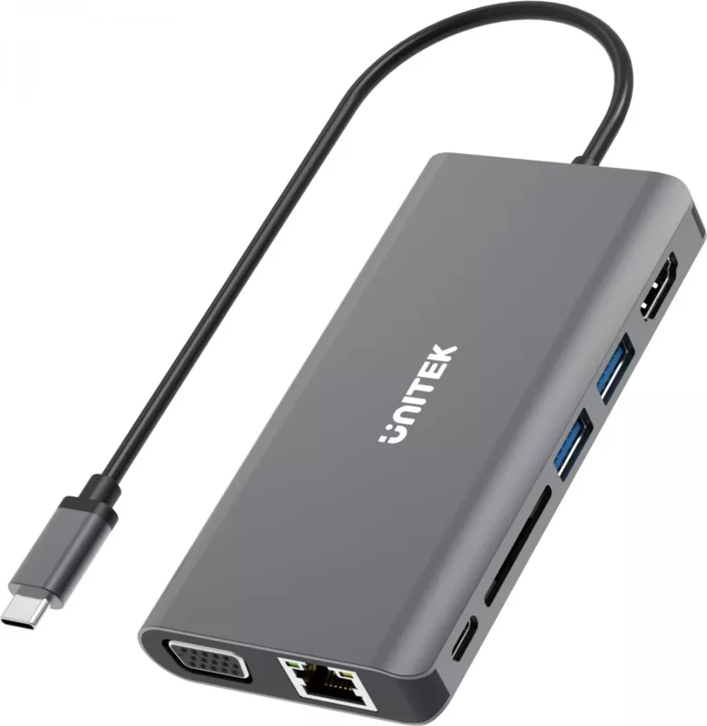 Përshtatës Hub Unitek USB-C, 8 në 1, 100W, hiri