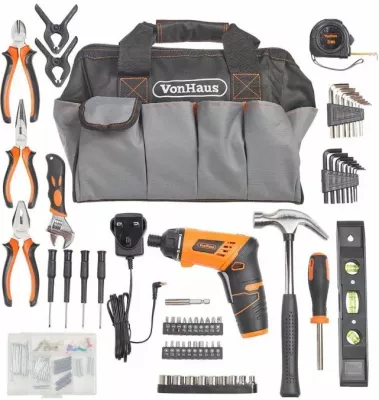 Set veglash dore dhe kaçavidash VONHAUS 3500027, 94 copë, kaçavidë elektrike Li-ion 3.6V, me çantë veglash, gri/portokalli