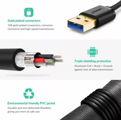 Kabllo USB 3.0 UGREEN 10369 USB-A mashkull në USB-A mashkull, 0.5 m, e zezë, 1 copë (Polybag)