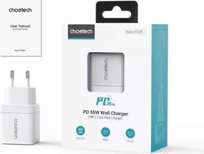Karikues muri Choetech PD6051, 2x USB-C PD, 35W, me ekran, i bardhë